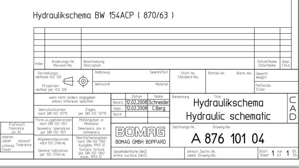 Bomag BW154 ACP Hydraulic Schematic Drawing No 87610104 2008 EN DE