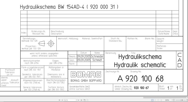 Bomag BW154 AD 4 Hydraulic Schematic Drawing No A92010068 2005 EN DE