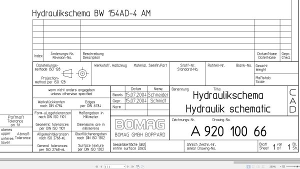 Bomag BW154 AD 4AM Hydraulic Schematic Drawing No A92010066 2004 EN DE