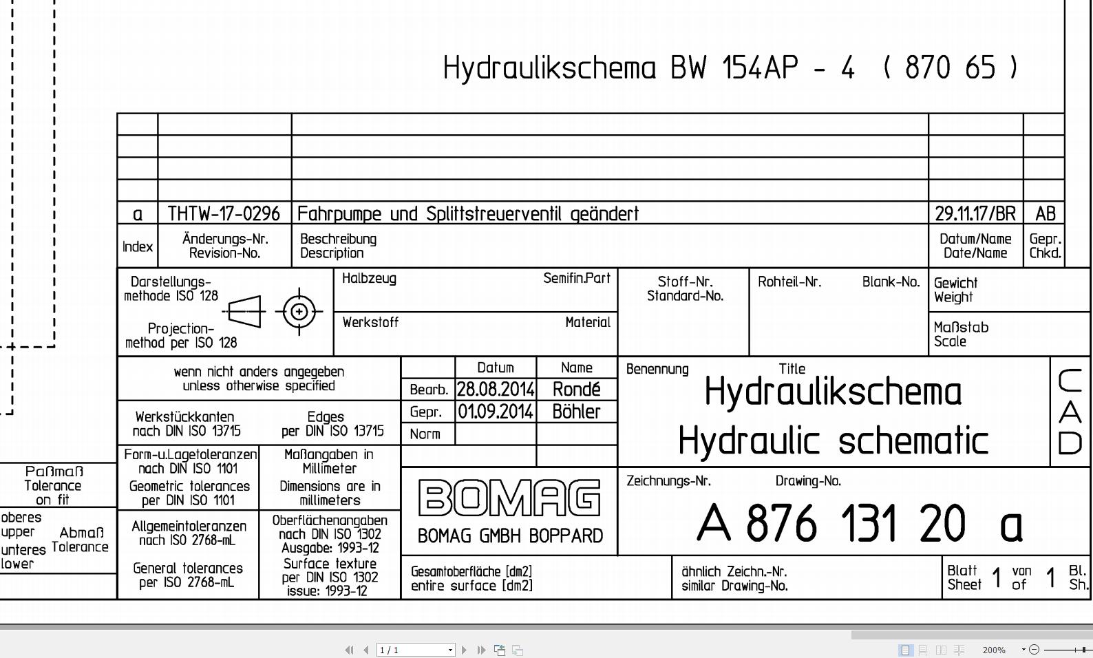 Bomag BW154 AP 4 Hydraulic Schematic Drawing No 87613120a 2014 EN DE