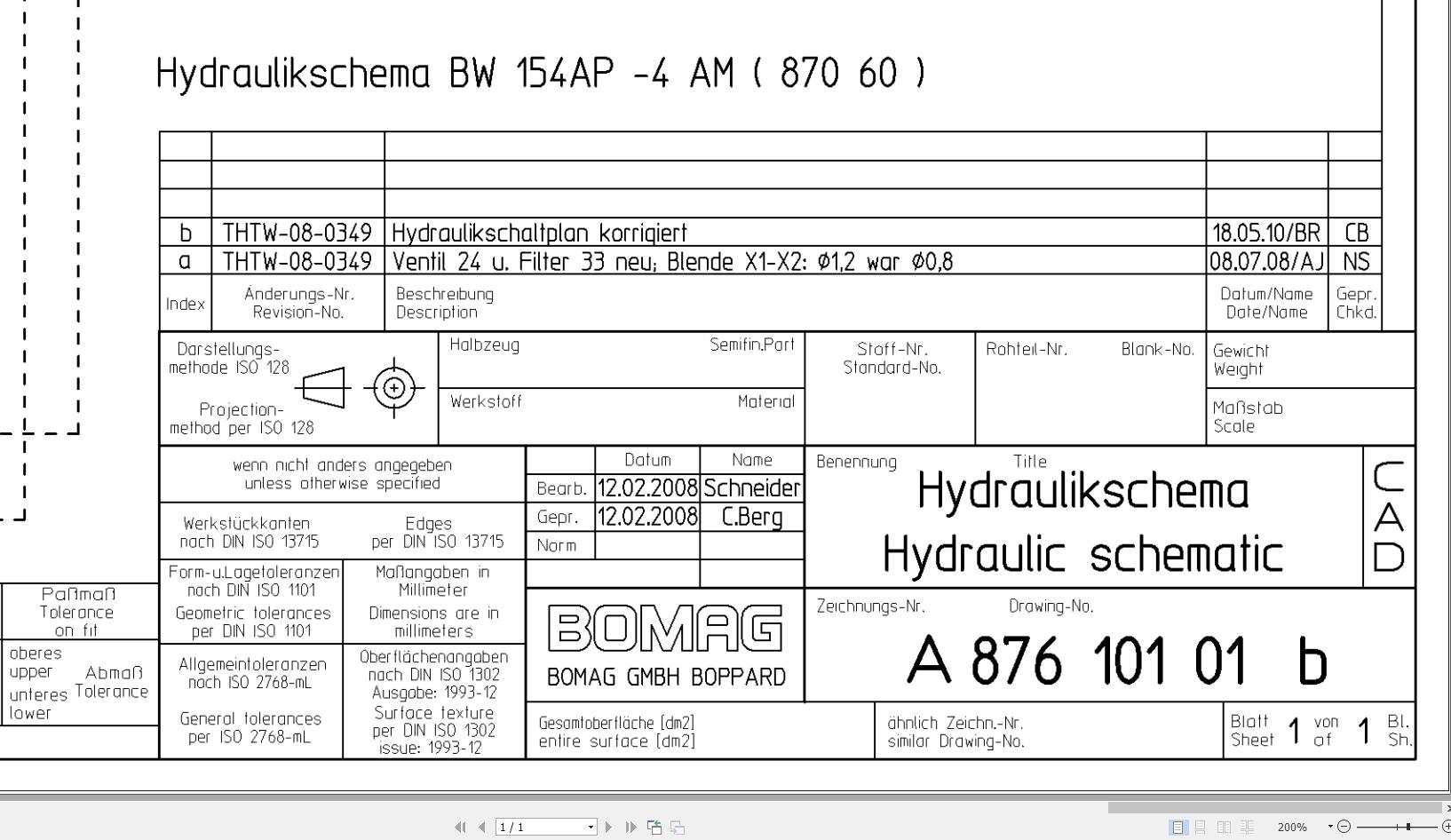 Bomag BW154 AP 4AM Hydraulic Schematic Drawing No 87610101 2008 EN DE