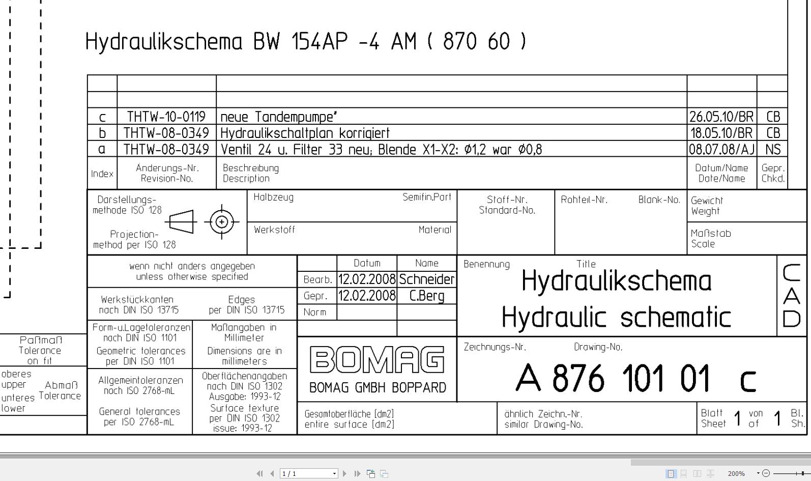 Bomag BW154 AP 4AM Hydraulic Schematic Drawing No 87610101 3 2008 EN DE