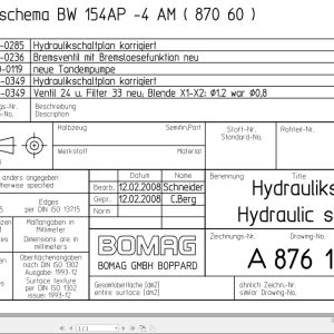 Bomag BW154 AP 4AM Hydraulic Schematic Drawing No 87610101 5 2008 EN DE