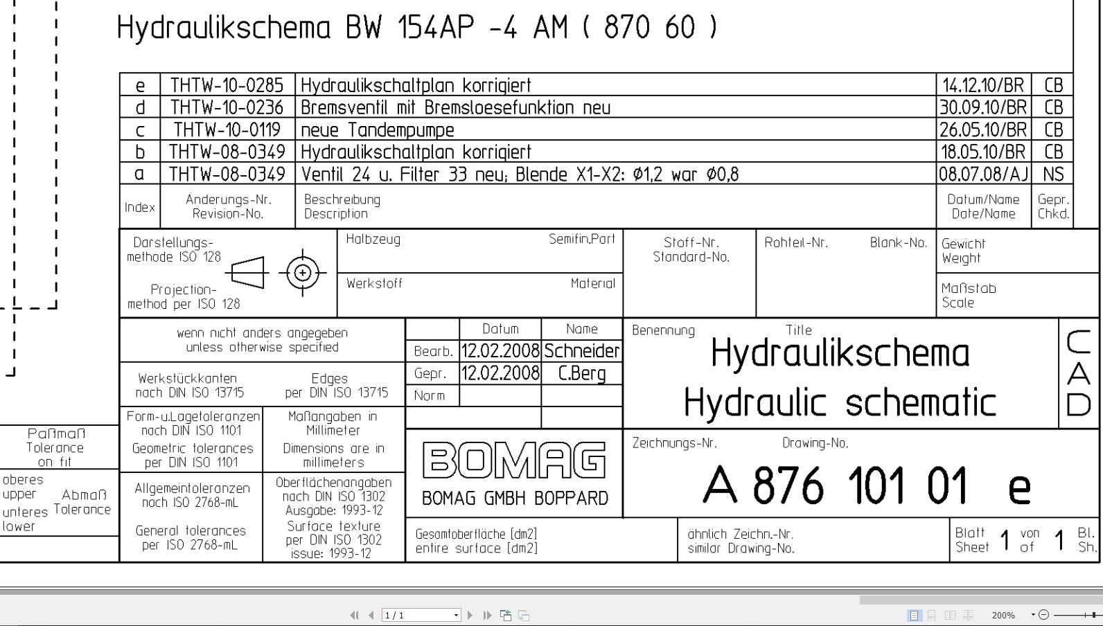 Bomag BW154 AP 4AM Hydraulic Schematic Drawing No 87610101 5 2008 EN DE