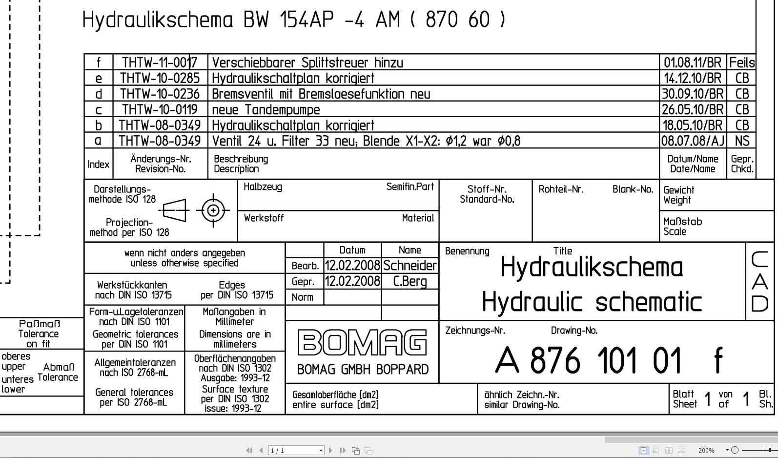 Bomag BW154 AP 4AM Hydraulic Schematic Drawing No 87610101 6 2008 EN DE