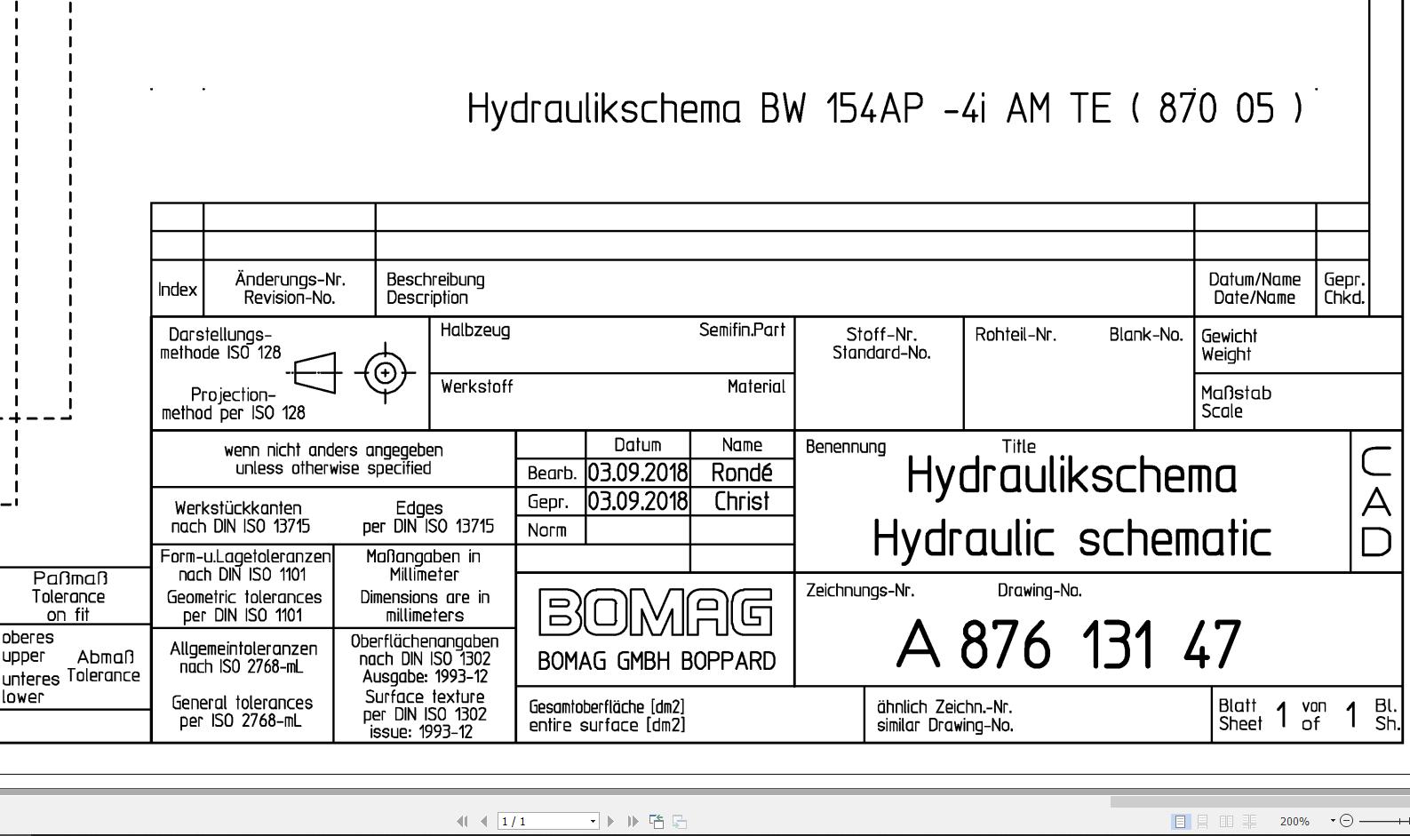 Bomag BW154 AP 4i AM TE Hydraulic Schematic Drawing No 87613147 2018 EN DE
