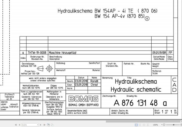 Bomag BW154 AP 4i TE BW154AP 4v Hydraulic Schematic Drawing No 87613148a 2018 EN DE