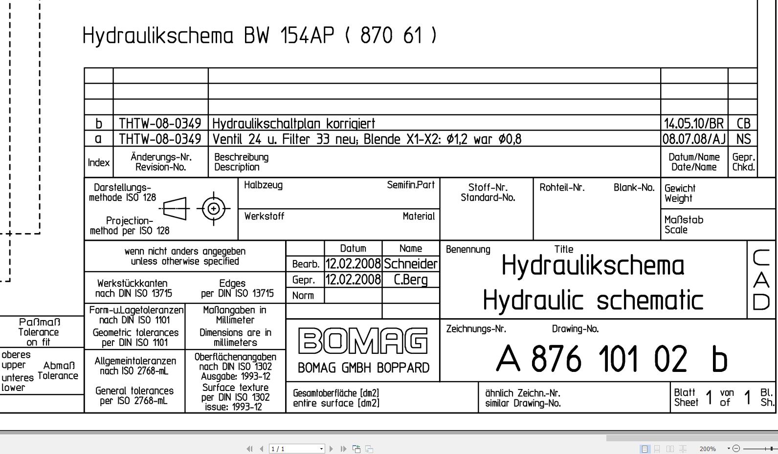 Bomag BW154 AP Hydraulic Schematic Drawing No 87610102b 2008 EN DE