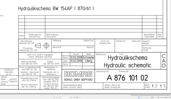 Bomag BW154AP Hydraulic Schematic Drawing No 87610102 2008 EN DE