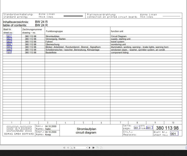 Bomag BW24R Circuit Diagram Drawing No 38011398 00 2000 EN DE
