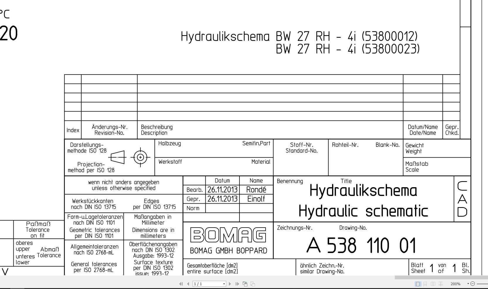Bomag BW27RH 4i Hydraulic Schematic Drawing No A53811001 2013 EN DE 1