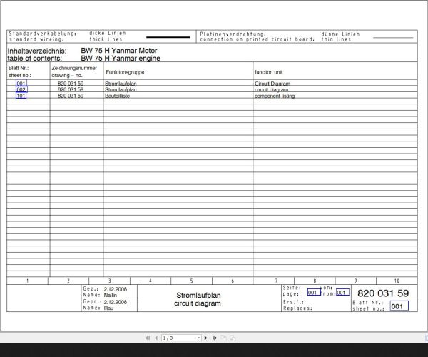 Bomag BW75H with Yanmar Engine Circuit Diagram Drawing No 82003159 2008 EN DE