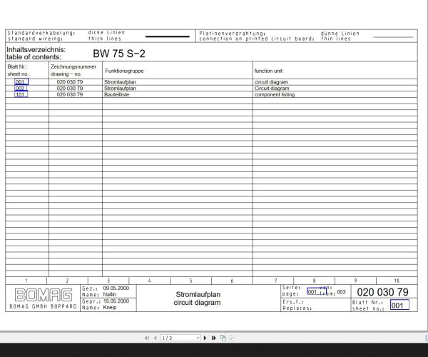 Bomag BW75S 2 Circuit Diagram Drawing No 2003079 2000 EN DE 1