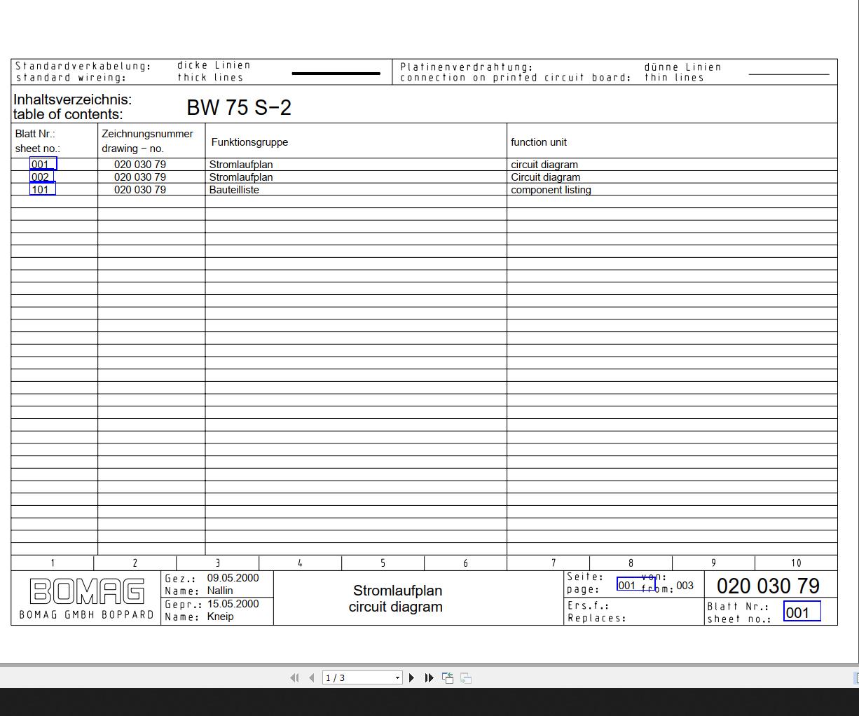 Bomag BW75S 2 Circuit Diagram Drawing No 2003079 2000 EN DE 1