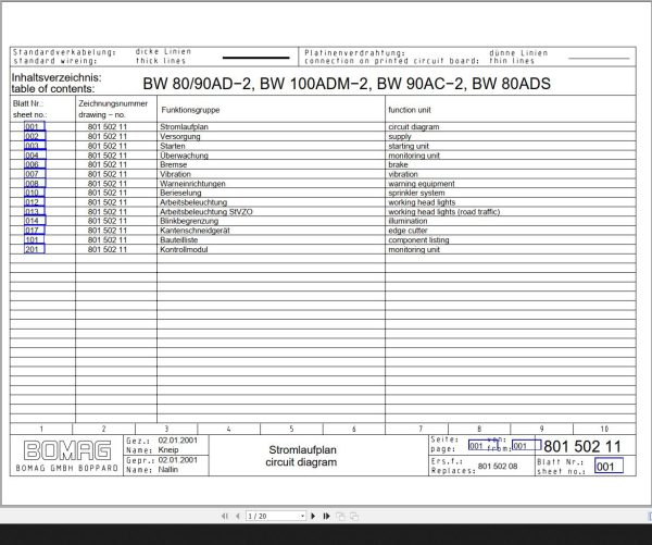 Bomag BW80 90AD 2 BW100ADM 2 BW90AC 2 BW80ADS Circuit Diagram Drawing No 80150211 2001 EN DE 1