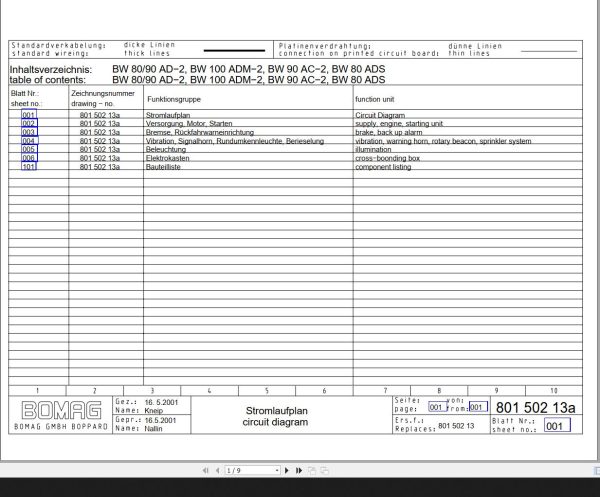 Bomag BW80 90AD 2 BW100ADM 2 BW90AC 2 BW80ADS Circuit Diagram Drawing No 80150213 2001 EN DE