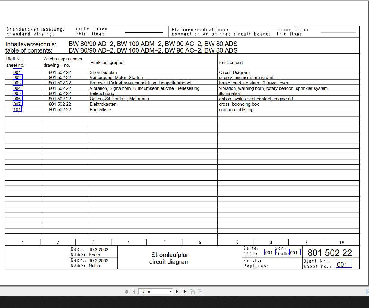 Bomag BW80 90AD 2 BW100ADM 2 BW90AC 2 BW80ADS Circuit Diagram Drawing No 80150222 2003 EN DE 1