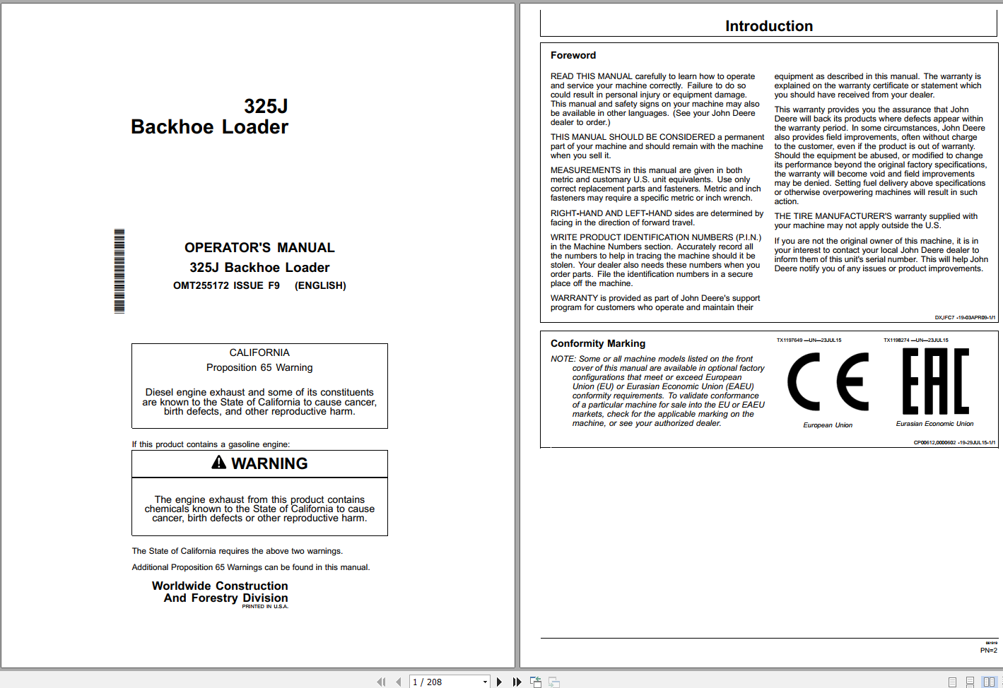 John Deere 325J Backhoe Loader Operators Manual OMT255172 EN 1