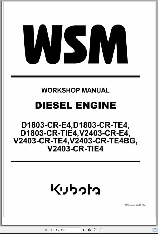 Kubota Diesel Engine D1803 CR E4 TE4 TIE4 to V2403 CR E4 TE4 TIE4 Workshop Manual