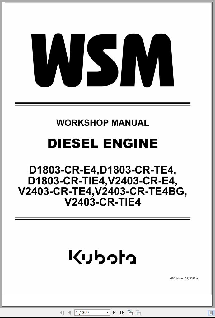 Kubota Diesel Engine D1803 CR E4 TE4 TIE4 to V2403 CR E4 TE4 TIE4 Workshop Manual