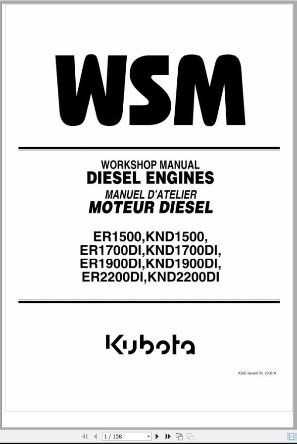 Kubota Diesel Engine ER1500 ER2200DI and KND1500 KND2200DI Workshop Manual EN FR