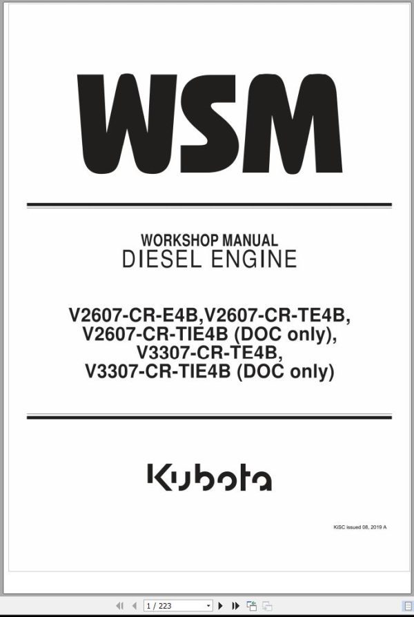 Kubota Diesel Engine V2607 CR E4B TE4B TIE4B and V3307 CR TE4B TIE4B Workshop Manual