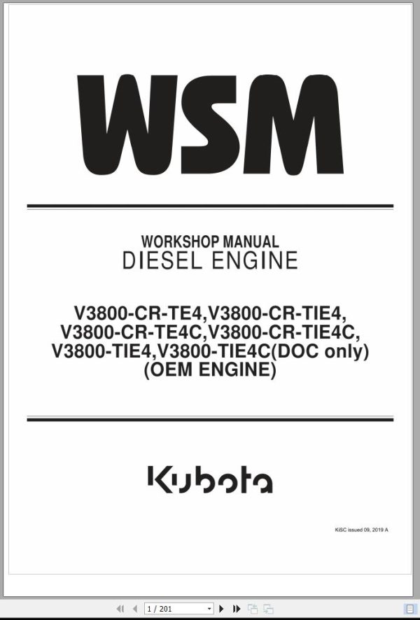 Kubota Diesel Engine V3800 CR TE4 TIE4 TE4C TIE4C Workshop Manual