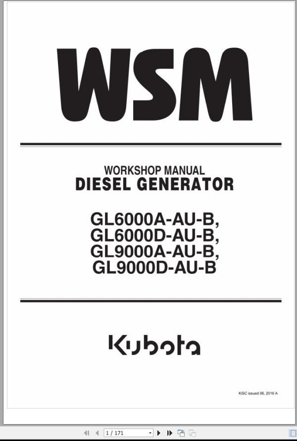 Kubota Diesel Generator GL6000A AU B GL6000D AU B GL9000AAU B GL9000D AU B Workshop Manual
