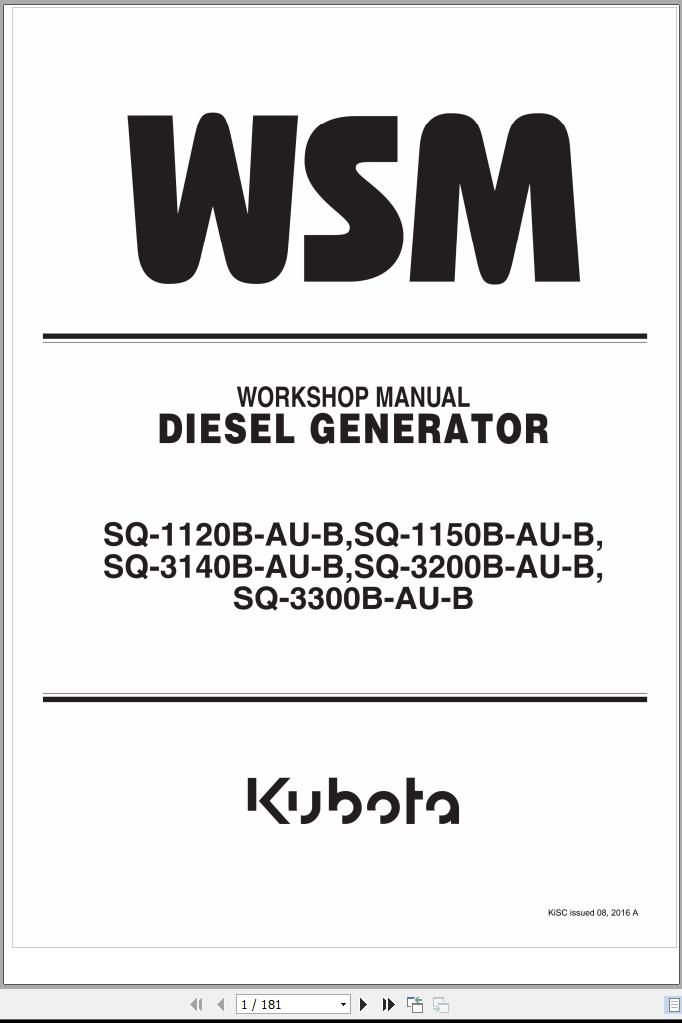 Kubota Diesel Generator SQ 1120B AU B to SQ 3300B AU B Workshop Manual