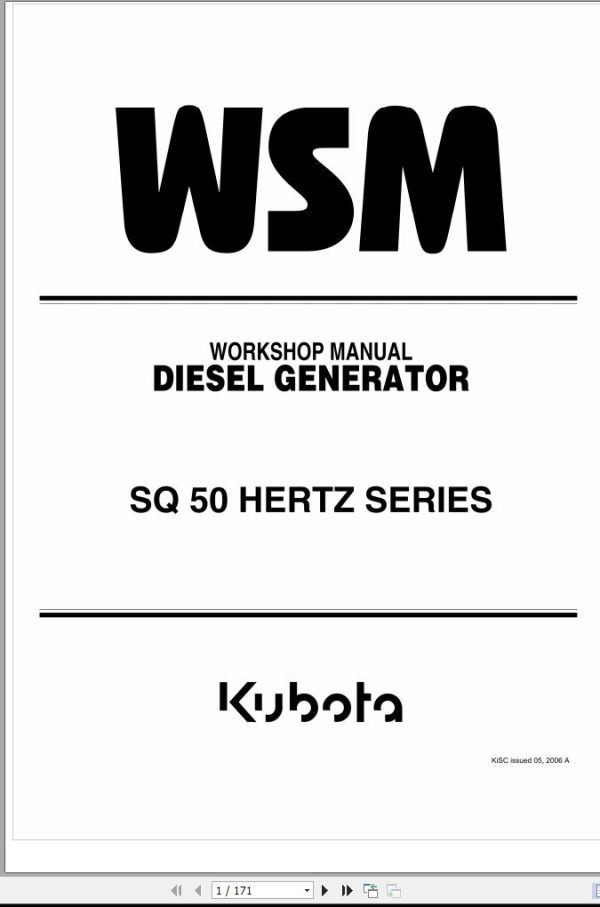 Kubota Diesel Generator SQ 50 Hertz Series Workshop Manual