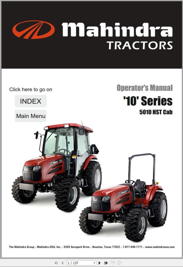 Mahindra Tractor 10 Series 5010 HST Cab Operator Manual