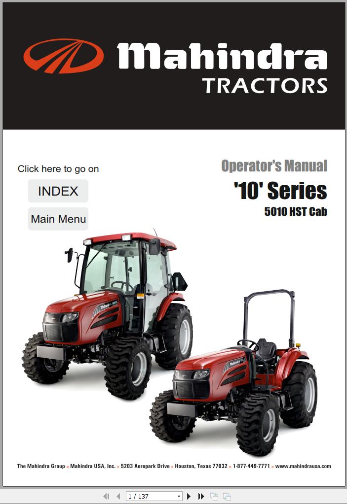 Mahindra Tractor 10 Series 5010 HST Cab Operator Manual