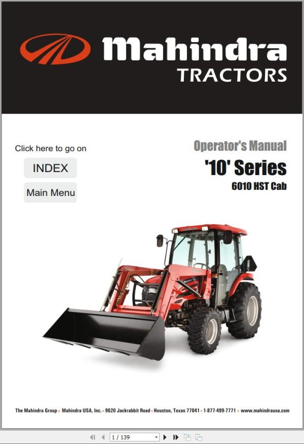 Mahindra Tractor 10 Series 6010 HST Cab Operator Manual