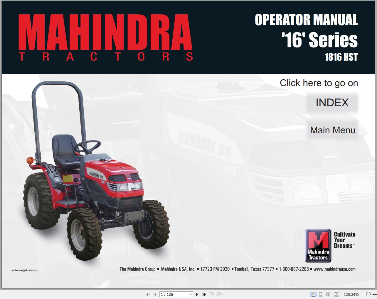 Mahindra Tractor 16 Series 1816 HST Operator Manual