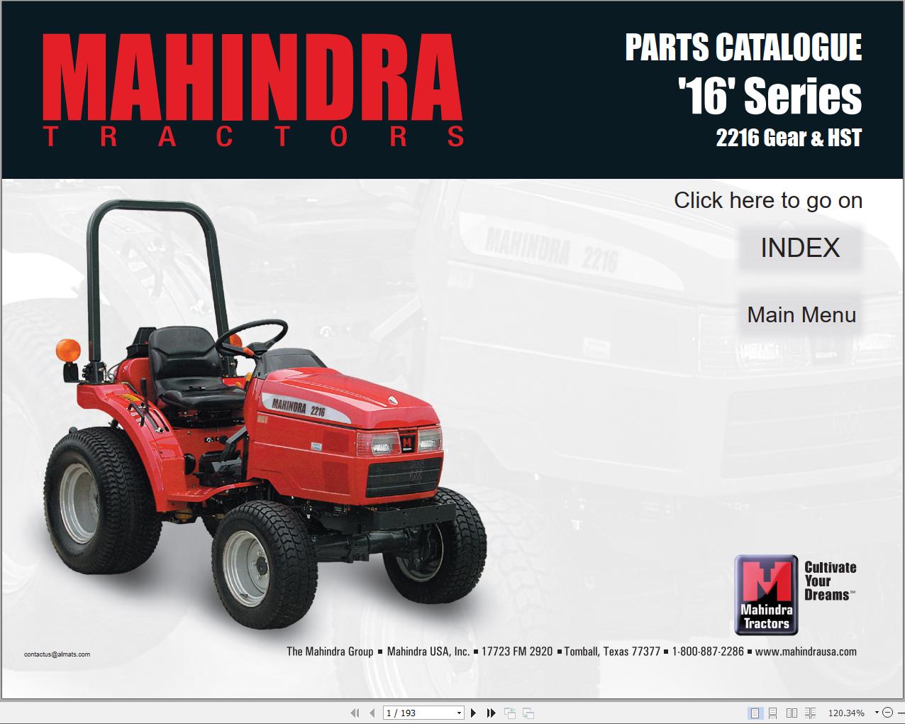 Mahindra Tractor 16 Series 2216 Gear HST Parts Manual