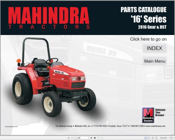 Mahindra Tractor 16 Series 2816 Gear HST Parts Manual