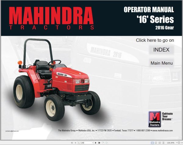 Mahindra Tractor 16 Series 2816 Gear Operator Manual