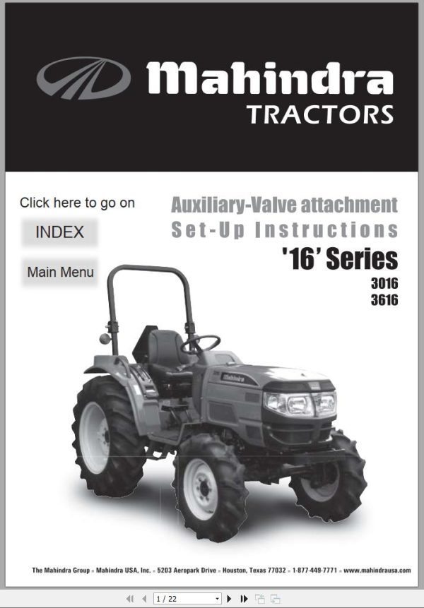 Mahindra Tractor 16 Series 3016 3616 Auxiliary Valve Instruction