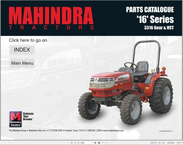 Mahindra Tractor 16 Series 3316 Gear HST Parts Manual