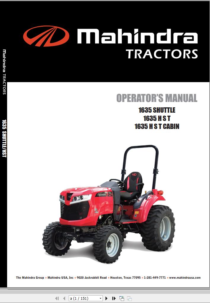 Mahindra Tractor 1635 Shuttle HST Cabin Operator Manual