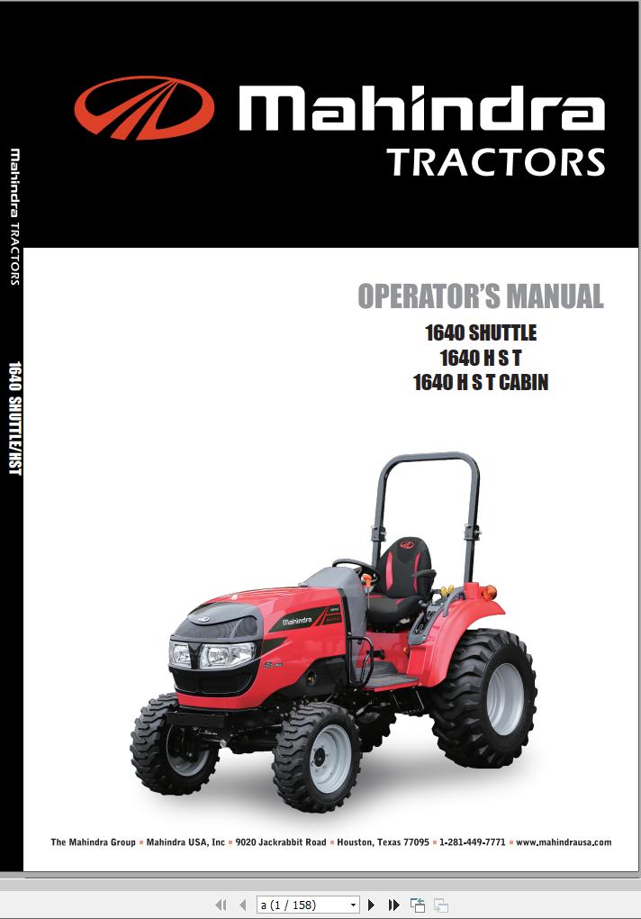 Mahindra Tractor 1640 Shuttle HST Cabin Operator Manual