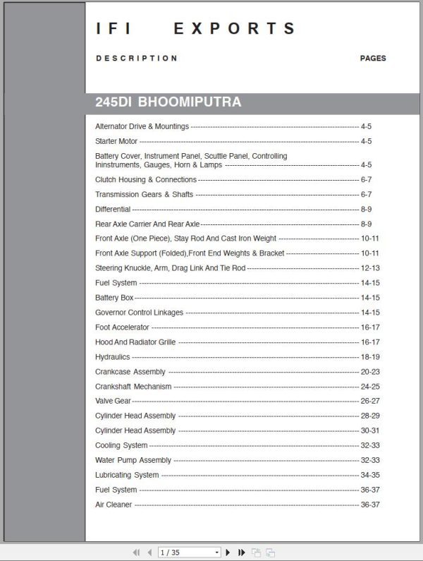 Mahindra Tractor 245DI BHOOMIPUTRA Parts Manual