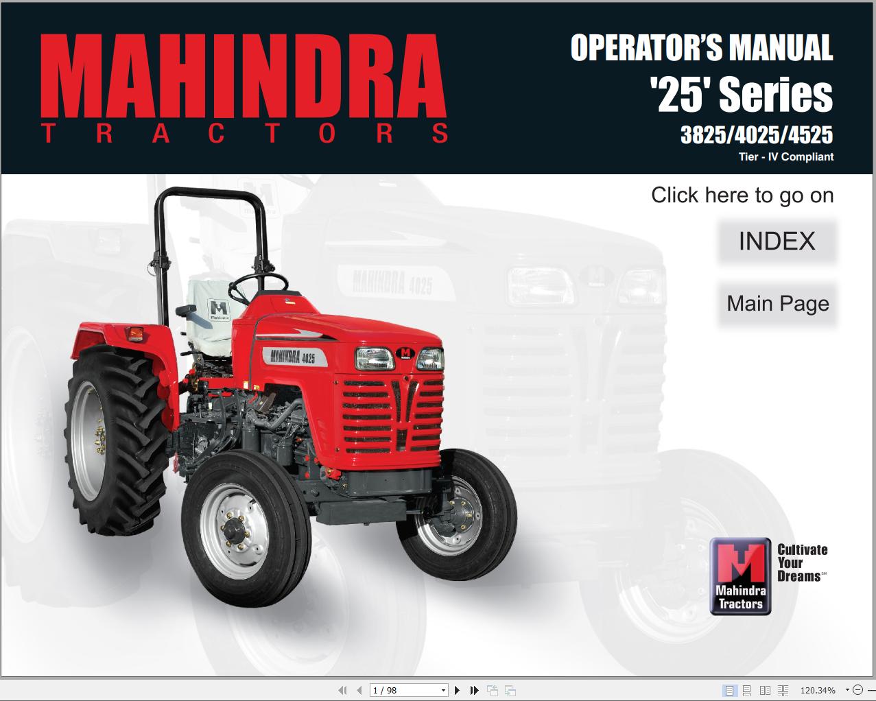 Mahindra Tractor 25 Series 3825 4025 4525 Operator Manual