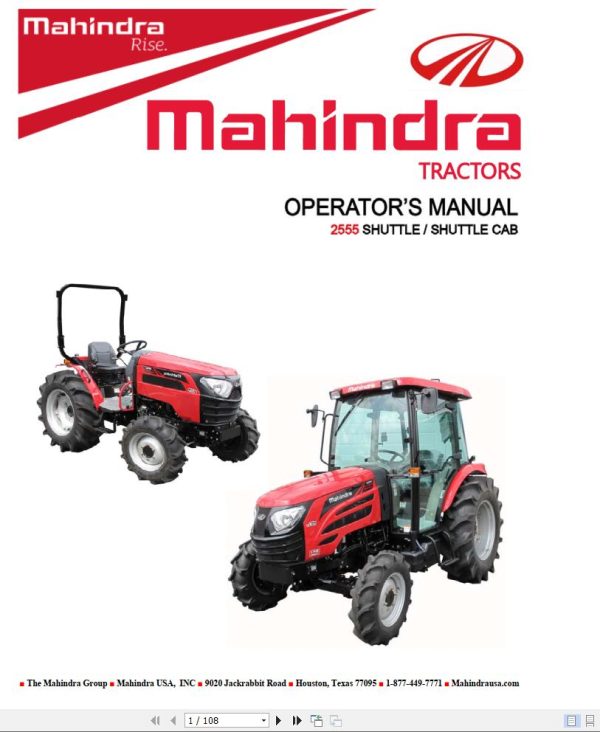 Mahindra Tractor 2555 Shuttle Cab Operator Manual