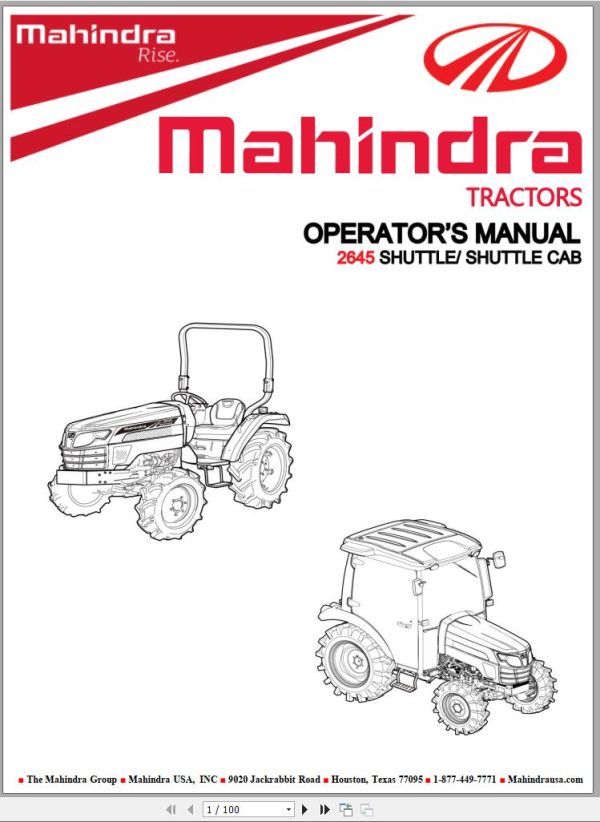Mahindra Tractor 2645 Shuttle Cab Operator Manual