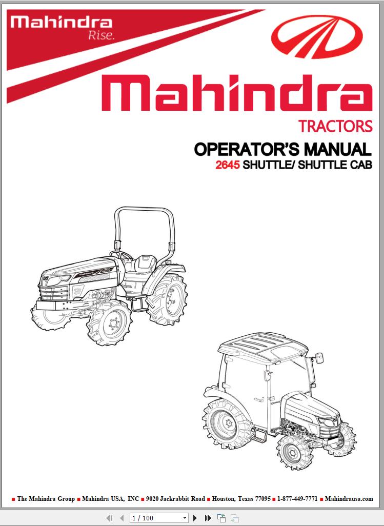 Mahindra Tractor 2645 Shuttle Cab Operator Manual