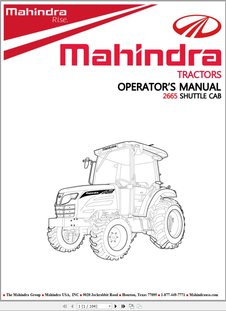 Mahindra Tractor 2665 Shuttle Cab Operator Manual