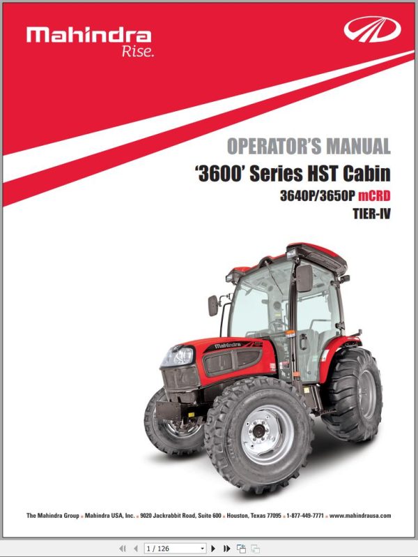Mahindra Tractor 3600 Series HST Cabin 3640P 3650P mCRD Operator Manual