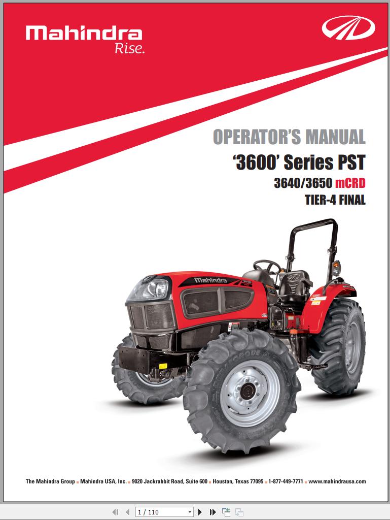 Mahindra Tractor 3600 Series PST 3640 3650 Operator Manual