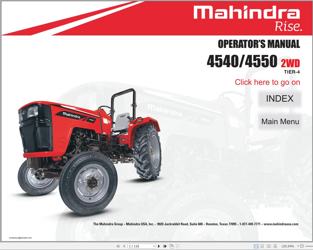 Mahindra Tractor 4540 4550 2WD Operator Manual
